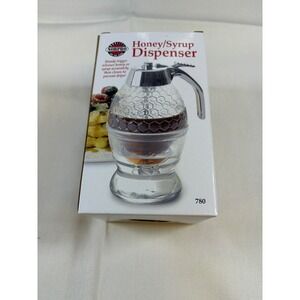 New in Box Norpro Honey Syrup Dispenser Glass Honeycomb Design w/Stand 8oz 780